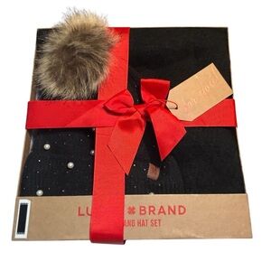 NEW Lucky Brand SET Black Scarf + Beanie Hat Tan Pom Pearls Sparkles Cozy Gift
